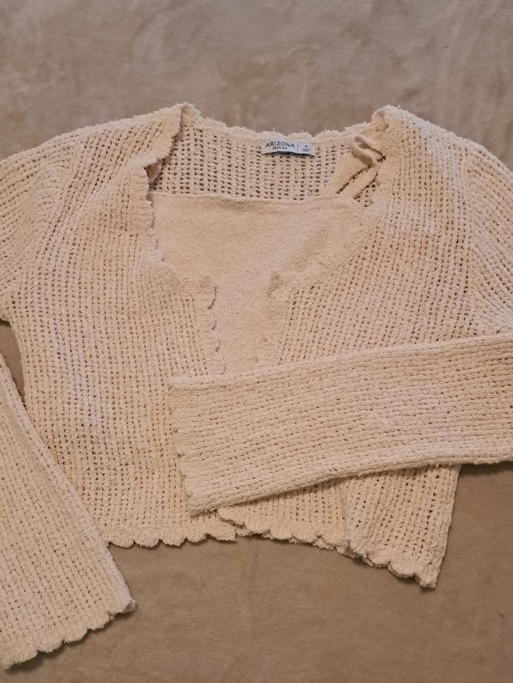 Arizona Jean Company Cream Open-Knit Cropped V-Neck Sweater